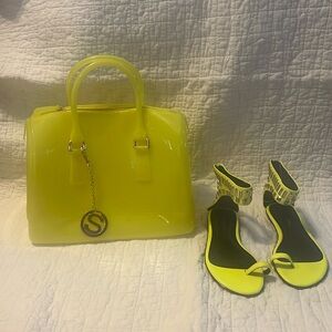 Hard Plastic neon yellow sturdy purse with matching studded sandals